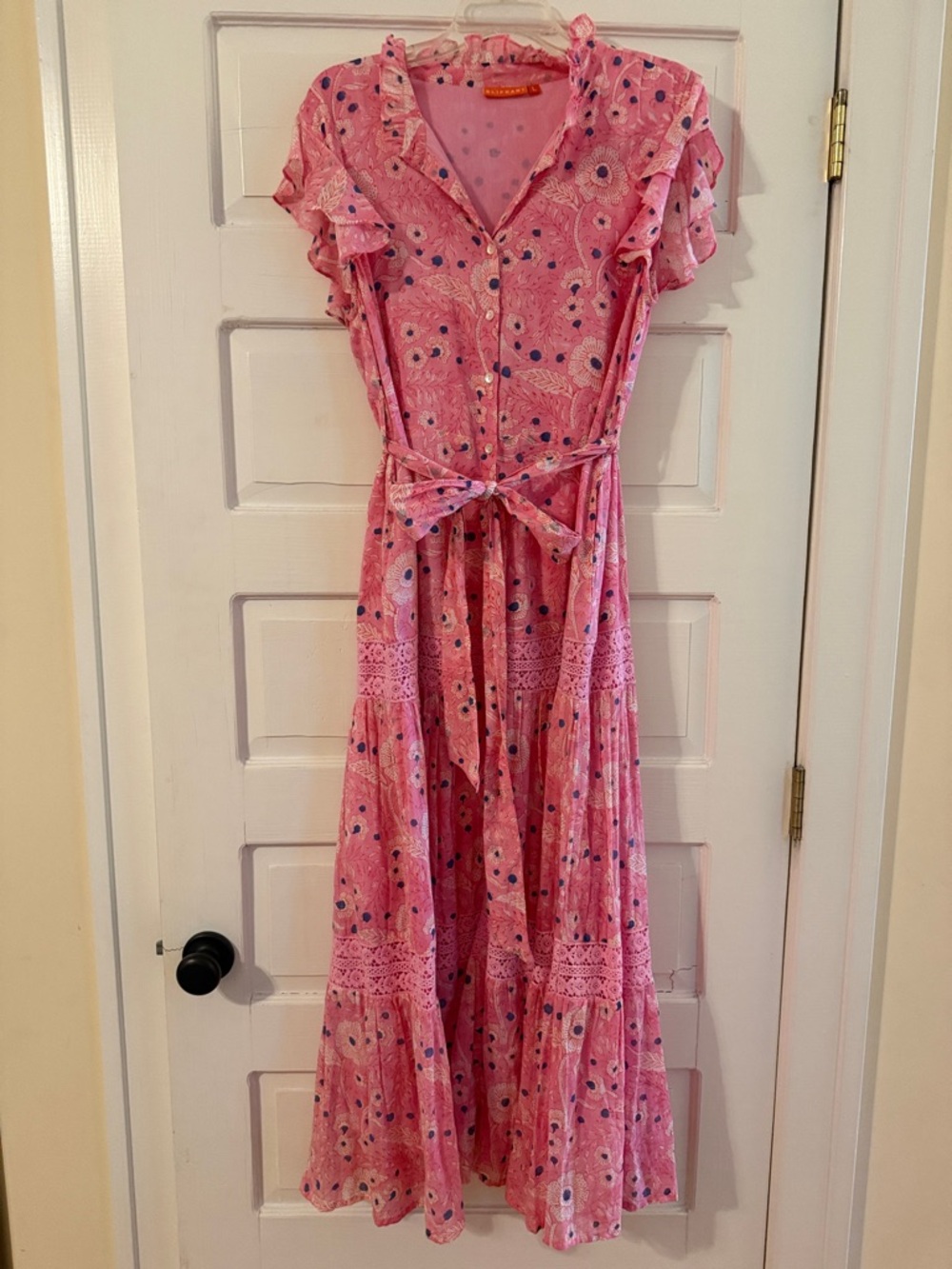Oliphant Pink Floral Maxi Dress with Ruffle Shoulders and Tie Waist